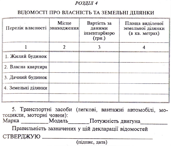 Зразок декларації (продовження-відомості про власність та земельні ділянки)